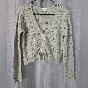 Major Crocheted Sweater Cropped Med Tie At Waist Green V Neck Pullover Size M
